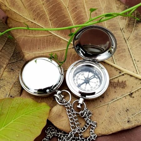 Antique Brass Pocket Compass with Chain